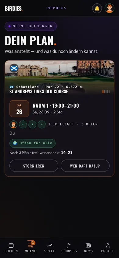 Offener Flight auf St Andrews in der Birdies-App mit drei freien Plätzen, Beispieldaten