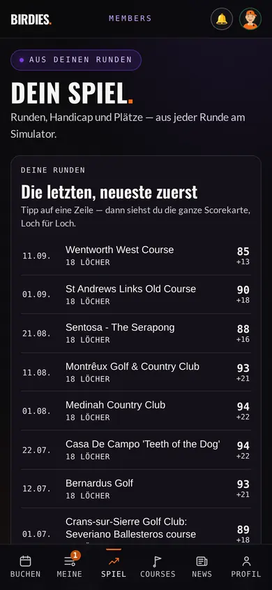 Rundenliste in der Birdies-App mit Plätzen und Ergebnissen, Beispieldaten