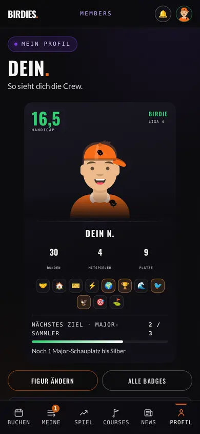 Spielerkarte in der Birdies-App mit Handicap, Liga und Badges, Beispieldaten