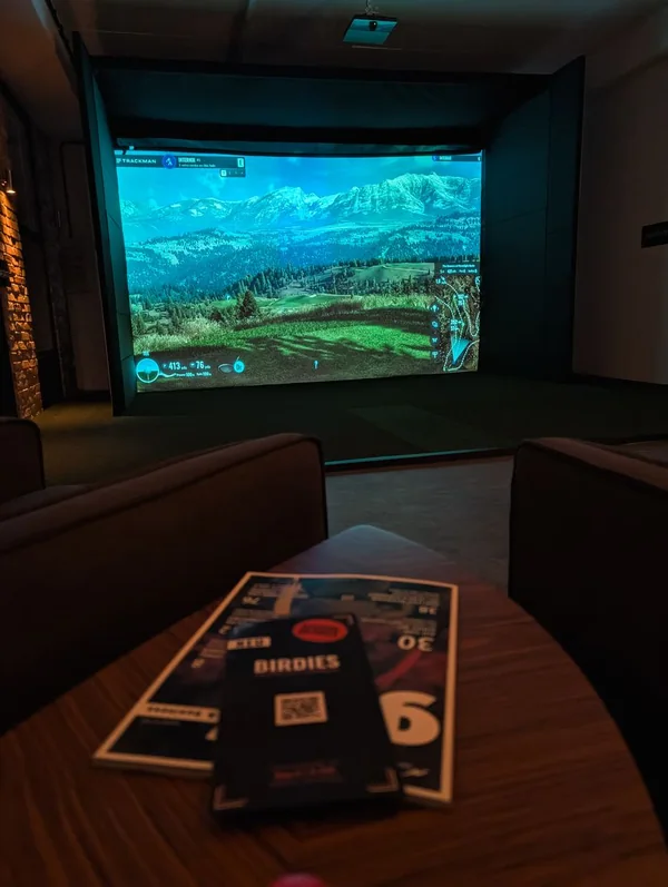 Simulator-Raum mit Bergpanorama auf der Leinwand